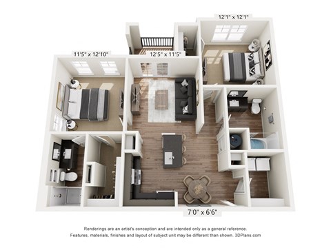 A 3D floor plan of a house with a living room, kitchen, and two bedrooms.